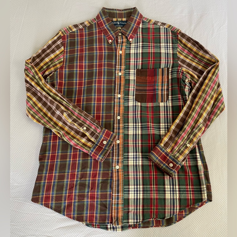 Ralph Lauren Polo Button Up Shirt Mens L Custom Fit Funky Plaid Mix Long Sleeve